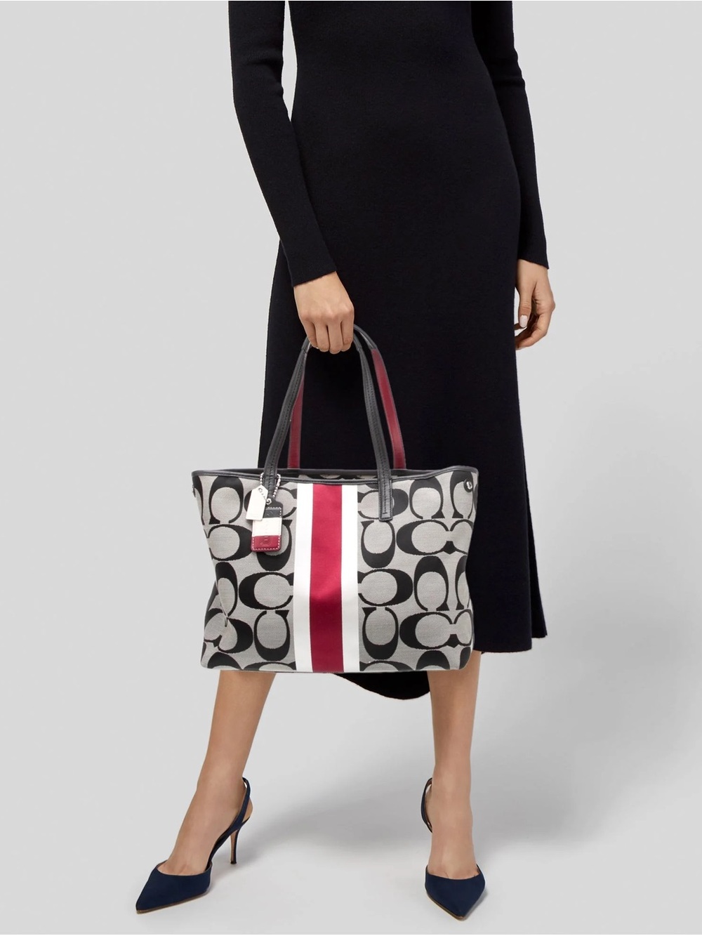 Coach Signature Stripe Tote Bag - Black, White & Red